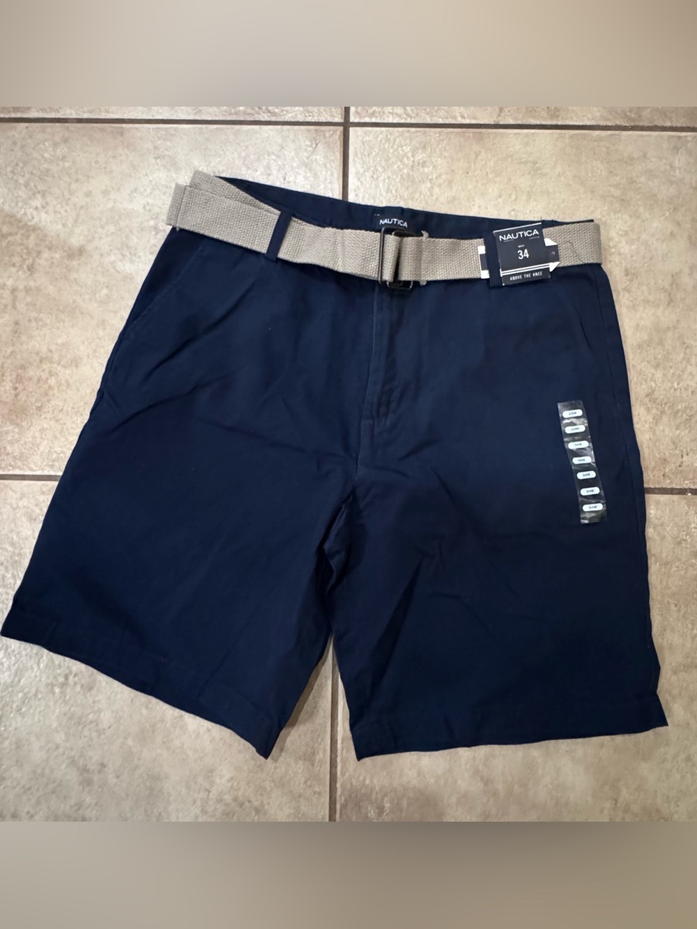 Nautica Navy Flat-Front Chino Shorts with Beige Web Belt